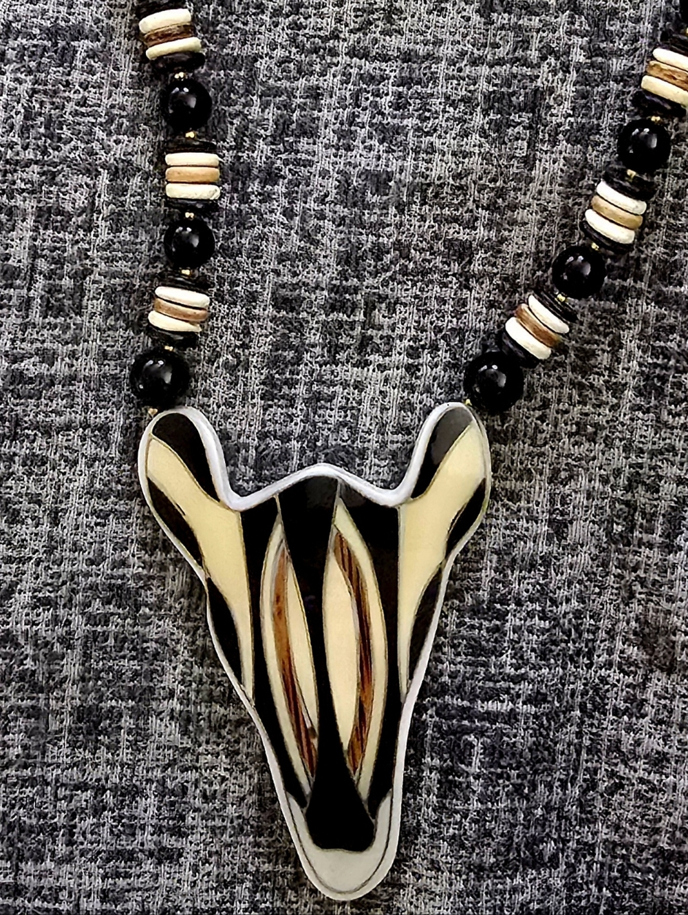 Lee Sands Black & Cream Beaded Pendant Necklace - Handcrafted Tribal Style. - Picture 2 of 3